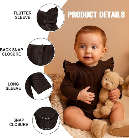 ROMPERINBOX Baby Girl Bodysuit 2 Pack, Long Sleeve Ribbed Knitted Onsies Ruffle Collar and Flutter Sleeve Fall Winter Clothes
