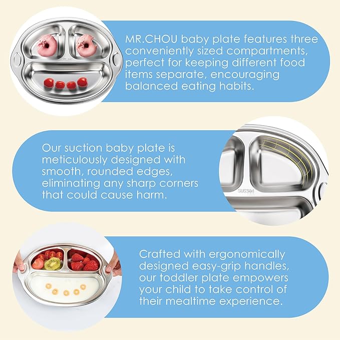 MR. CHOU Stainless Steel Baby Suction Plate, Divided Plates for Babies & Toddlers, 100% Food Grade Kids Plates for Baby Led Weaning, BPA Free Toddler Feeding Supplies, Dishwasher Safe, Blue