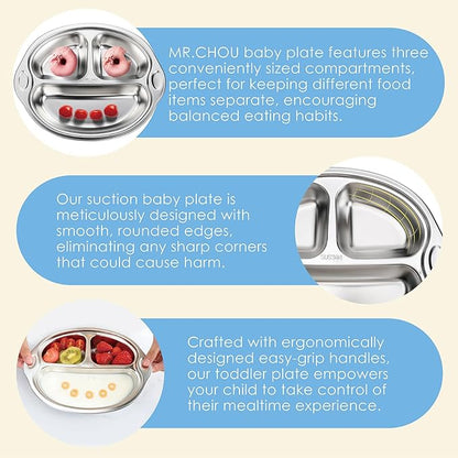 MR. CHOU Stainless Steel Baby Suction Plate, Divided Plates for Babies & Toddlers, 100% Food Grade Kids Plates for Baby Led Weaning, BPA Free Toddler Feeding Supplies, Dishwasher Safe, Blue
