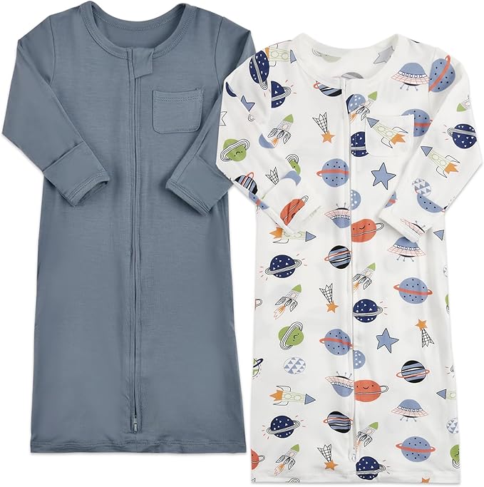 Aablexema Baby Nightgowns Rayon of Bamboo, 2Pcs Newborn Sleeper Gown with 2-way Zipper, Flip Mittens & Foot Cover