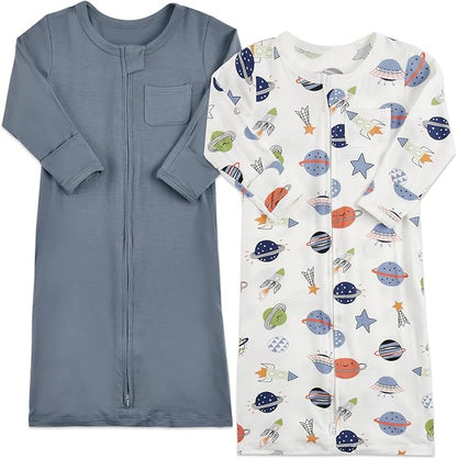 Aablexema Baby Nightgowns Rayon of Bamboo, 2Pcs Newborn Sleeper Gown with 2-way Zipper, Flip Mittens & Foot Cover