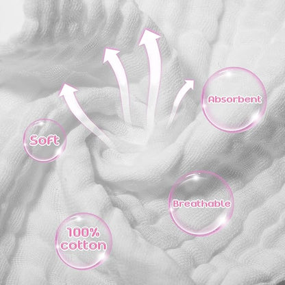 Breling 20 Pcs Baby Muslin Washcloth 12 x 12 Inch 100% Cotton Soft and Absorbent Muslin Washcloth Burp Cloth Wipe Newborn Face Towel for Baby Boy Girl Sensitive Skin(White)