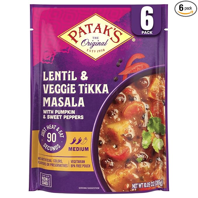 Patak’s Lentil & Veggie Tikka Masala - Vegetarian Indian Curry w/Lentils, Beans, Pumpkin, Sweet Potatoes & Vegetables - Ready-to-Eat Microwaveable Meal - Serve with Rice or Naan - 10.5oz (Pack of 6)