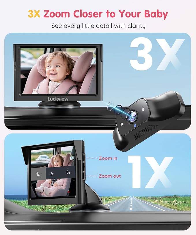 BM1 Baby Car Camera for Back Seat & Pet Monitoring, 5'' 1080P Monitor with IR Night Vision, 3X Zoom, Crystal Clear View, Easy 5-Min Wired Installation for Peace of Mind