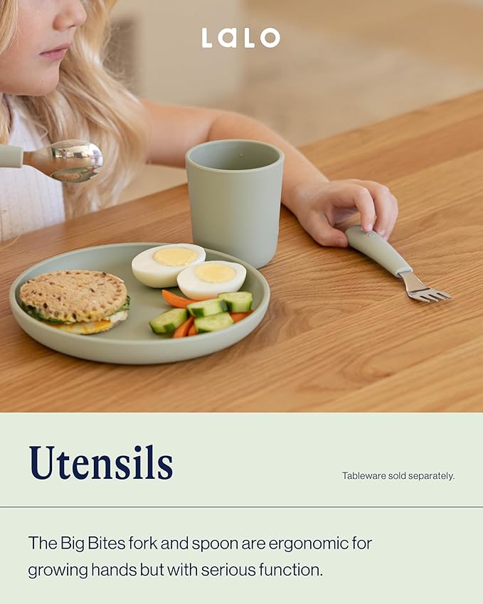 Lalo Utensils - Toddler Fork and Spoon Set - Stainless Steel and Silicone Ergonomic Toddler Utensils - Children Safe Flatware Set - 2 Pieces - Oatmeal