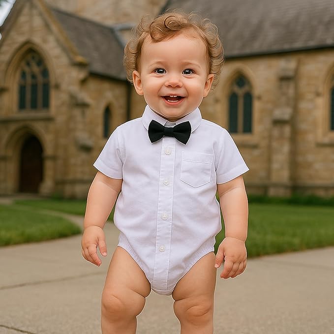 SOBOWO Baby Boys Dress Shirt Onsie Infant Short Sleeve Button Down One-Piece Romper Formal Wedding Gentleman Outfits 0-24M