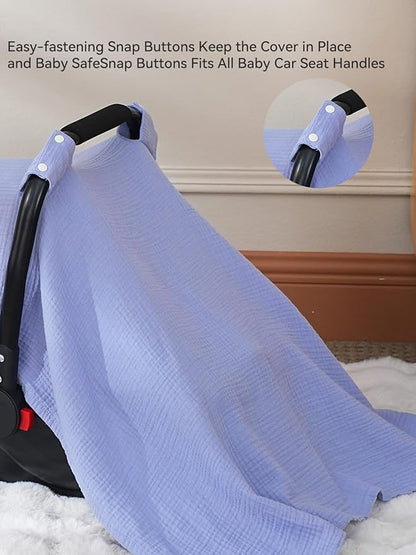 TILLYOU Baby Car Seat Cover, Breathable Muslin Cotton Infant Car Seat Cover, Lightweight Canopy with Sun and Bug Protection(Blue)