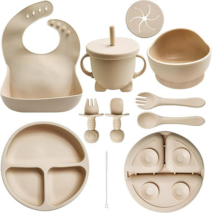 Baby Led Weaning Supplies | 10 Piece Silicone Baby Feeding Set | Baby Toddler Bib Cup Divided Plate and Bowl Self Feeding Spoons Dish Set | Baby Utensils | Toddler Feeding Supplies (Cream)