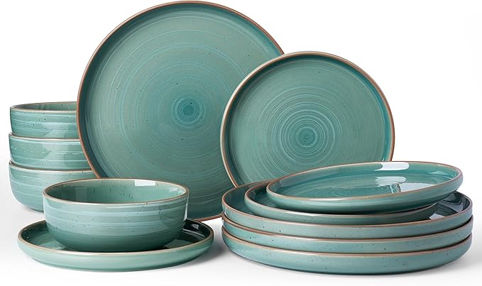 Famiware Meteor Plates and Bowls Sets for 4, 12 Pieces Dinnerware Sets, Microwave and Dishwasher Safe Dishes Set, Peacock Green