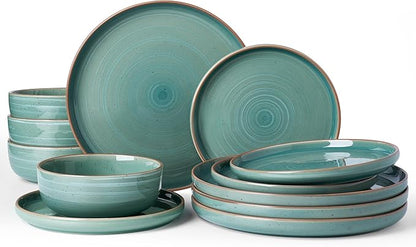 Famiware Meteor Plates and Bowls Sets for 4, 12 Pieces Dinnerware Sets, Microwave and Dishwasher Safe Dishes Set, Peacock Green