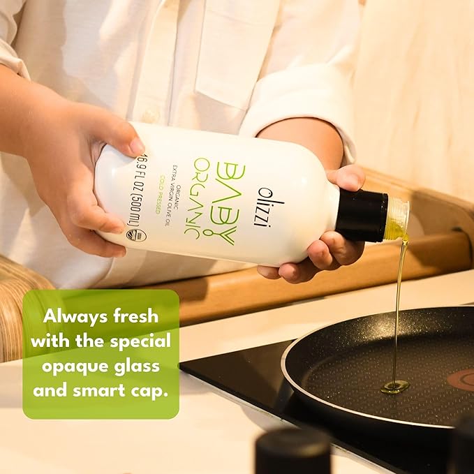 Olive Oil for Baby Food - Olizzi Baby Organic Extra Virgin Olive Oil, Cold Pressed, USDA Organic, Kosher, Delicious, Smooth, Award Winning, Polyphenol Rich, 16.9 FL OZ (500 ML)