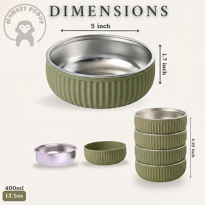 Monkey Proof™ Non-Toxic Stainless Steel Child Bowl 5” with Non-Slip Grooved Silicone Shell, (Set of 4 bowls) Unbreakable, Mess Free Feeding for Babies, Toddlers, Kids, BPA free (Olive Green Grooved)
