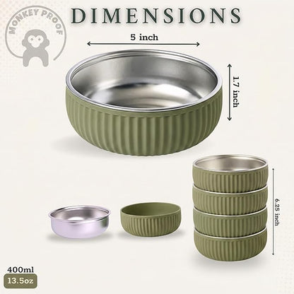Monkey Proof™ Non-Toxic Stainless Steel Child Bowl 5” with Non-Slip Grooved Silicone Shell, (Set of 4 bowls) Unbreakable, Mess Free Feeding for Babies, Toddlers, Kids, BPA free (Olive Green Grooved)