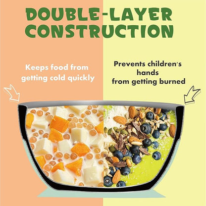 MR. CHOU Baby Suction Bowl Set with Spoon & Fork, Insulated Double-Layer 18/8 Stainless Steel Toddler Bowls with Silicone Suction Cup & BPA Free Airtight Lids, Green