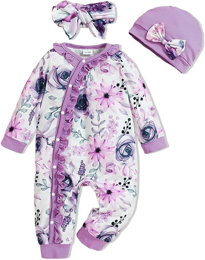 Newborn Baby Girl Clothes Infant Floral Print One-Piece Romper+Jumpsuit+Bodysuit+Hat+Headband