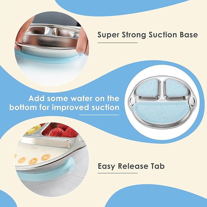 MR. CHOU Stainless Steel Baby Suction Plate, Divided Plates for Babies & Toddlers, 100% Food Grade Kids Plates for Baby Led Weaning, BPA Free Toddler Feeding Supplies, Dishwasher Safe, Blue