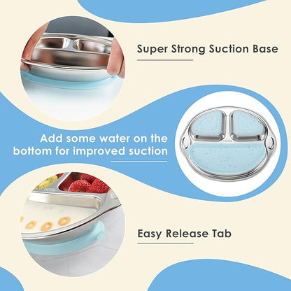 MR. CHOU Stainless Steel Baby Suction Plate, Divided Plates for Babies & Toddlers, 100% Food Grade Kids Plates for Baby Led Weaning, BPA Free Toddler Feeding Supplies, Dishwasher Safe, Blue