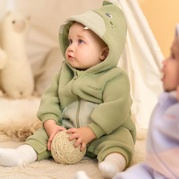 DAVE&BELLA Animal Jumpsuit for Baby Boy Girl, Hooded Winter One-Piece Romper Zip Up Fleece Infant Bodysuit with Snap Closure