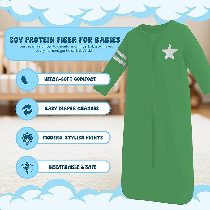 Babysoy Long Sleeve Wearable Blanket Sleep Sack, Infant to Toddler Sleeping Bag, Choose from size 0-24 Months