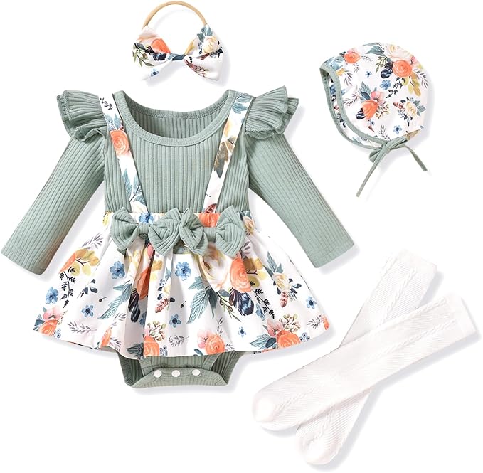Unutiylo Preemie Newborn Baby Girl Clothes Romper Suspender Dress Fall Winter Outfits Ruffle Long Sleeve Jumpsuit