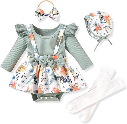 Unutiylo Preemie Newborn Baby Girl Clothes Romper Suspender Dress Fall Winter Outfits Ruffle Long Sleeve Jumpsuit