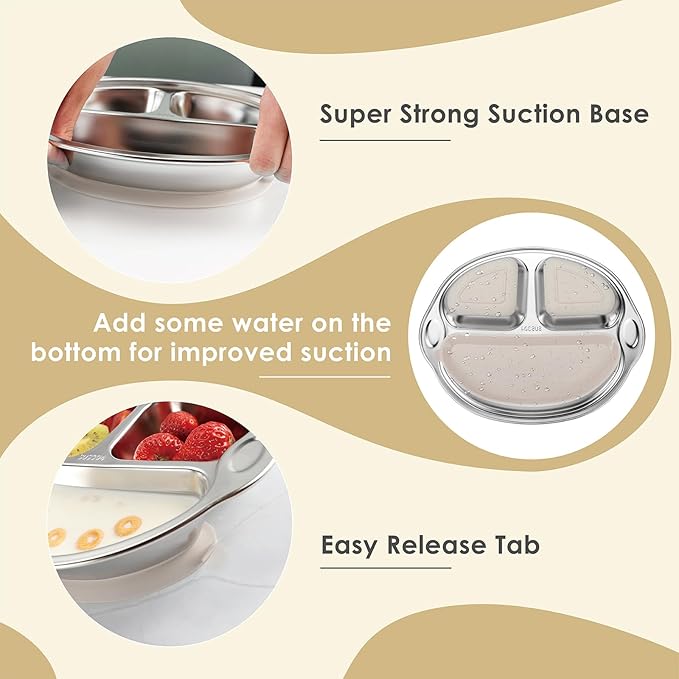 MR. CHOU Baby Plates with Suction - Stainless Steel Divided Toddler Plates, Compartment Suction Plate for High Chair, Baby Led Weaning & Self Feeding, Dishwasher Safe, BPA Free (Beige)