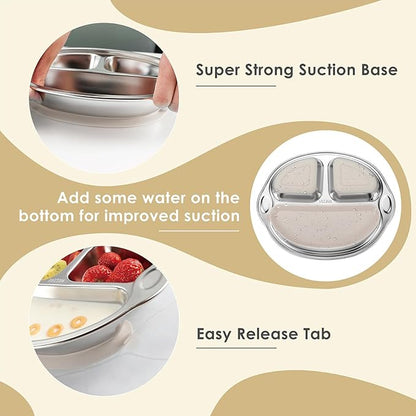 MR. CHOU Baby Plates with Suction - Stainless Steel Divided Toddler Plates, Compartment Suction Plate for High Chair, Baby Led Weaning & Self Feeding, Dishwasher Safe, BPA Free (Beige)
