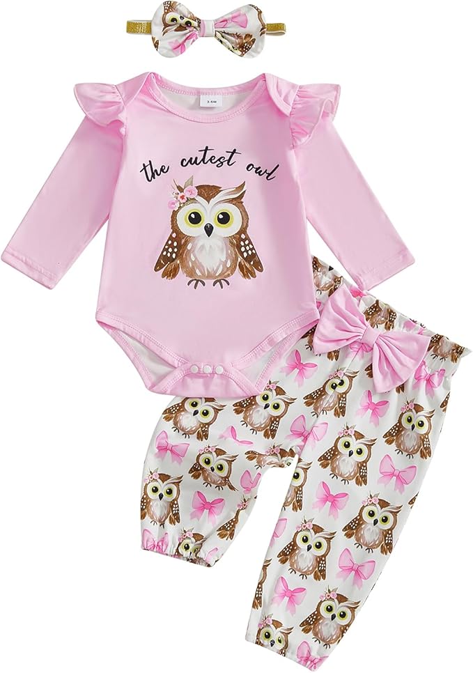 Newborn Baby Girl Clothes Owl Ruffle Long Sleeve Romper Onesie and Casual Pants Winter Spring Outfit Clothing Set