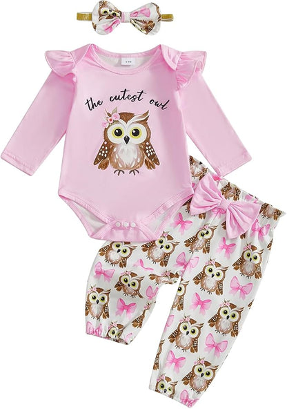 Newborn Baby Girl Clothes Owl Ruffle Long Sleeve Romper Onesie and Casual Pants Winter Spring Outfit Clothing Set