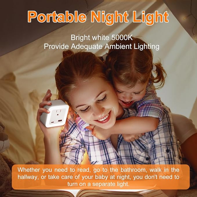 JackonLux Night Lights Plug Into Wall 2 Pack Rechargeable Battery Backup Light Dusk to Dawn Sensor Night Light with Outlet Expander for Adults Kids Bedroom, Kitchen, and Bathroom (Daylight - 5000K)