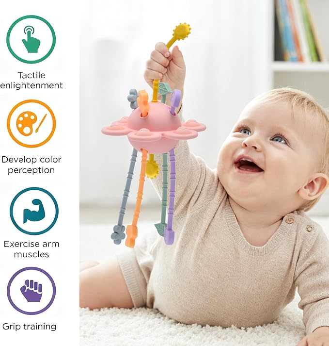 Little Rawr Silicone Baby Sensory Montessori Toys & Pull String Teething Toys for 18 M+, Toddler Birthday Gift Car Seat Airplane Travel Toy for 1 2 Year Old Boy Girl Infant 18 Months Old (Pink)