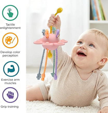 Little Rawr Silicone Baby Sensory Montessori Toys & Pull String Teething Toys for 18 M+, Toddler Birthday Gift Car Seat Airplane Travel Toy for 1 2 Year Old Boy Girl Infant 18 Months Old (Pink)