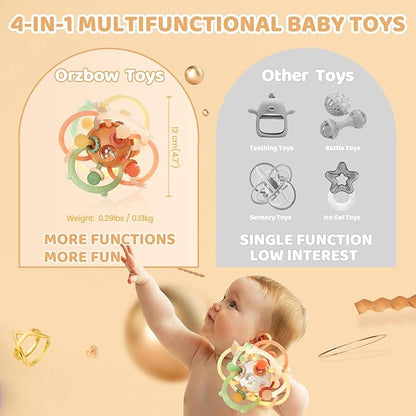 Orzbow Baby Sensory Teething Toys, Infant Montessori Teether Ball, Silicone Baby Rattle Ball Toy, Babies Chew Toys for 3-6-12-18 Months Sucking Needs, Teethers Relief, BPA Free, Brown