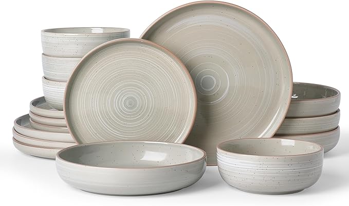 Famiware Meteor Stoneware Dinnerware Sets with Pasta Bowls, Service for 4 (16 Pieces), Plates and Bowls Sets, Microwave and Dishwasher Safe Dishes Set, Matcha Green