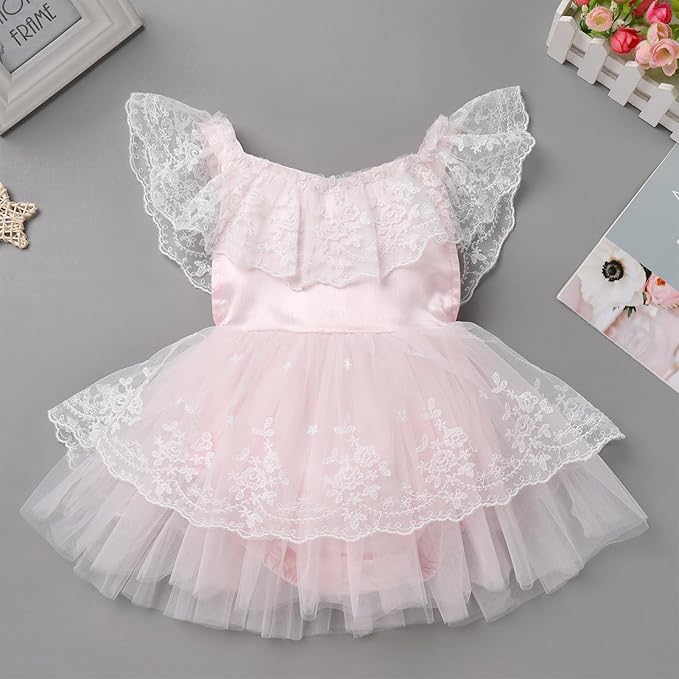 FYMNSI Infant Baby Girl 1st Birthday Outfit Floral Lace Tulle Romper Tutu Dress Headband 2PCS Bodysuit Princess Summer Clothe