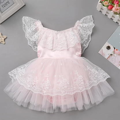 FYMNSI Infant Baby Girl 1st Birthday Outfit Floral Lace Tulle Romper Tutu Dress Headband 2PCS Bodysuit Princess Summer Clothe