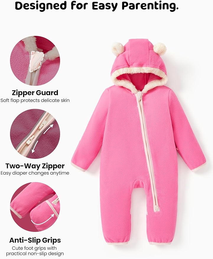 PATPAT Fleece Hooded Footed Clothes, Soft Warm Footie Covers, Car Seat Friendly, Easy Zip,Cute Romper Newborn Infant Jumpsuit