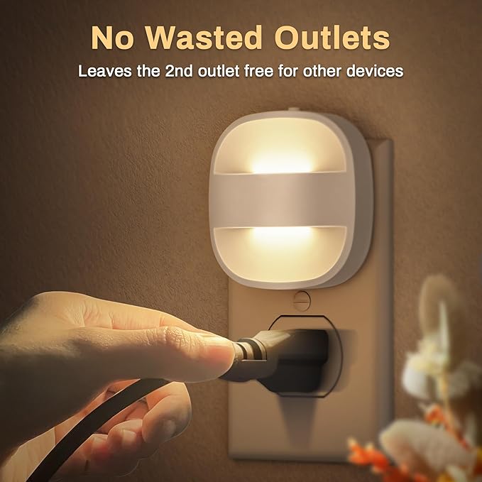 DORESshop Led Night Lights Plug Into Wall, 4 Packs Foldable Plug in Night Light Portable Dimmable Mini with Dusk to Dawn Sensor, 3000K Ideal Travel Night Light for Bedroom, Stairs, Hallway