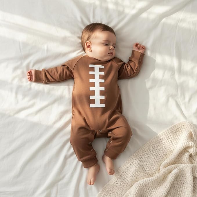 allshope Newborn Baby Boy Girl Fall Outfit Romper Sweatshirt Football Rugby Print Onesie Jumpsuit Bodysuit Infant Clothes