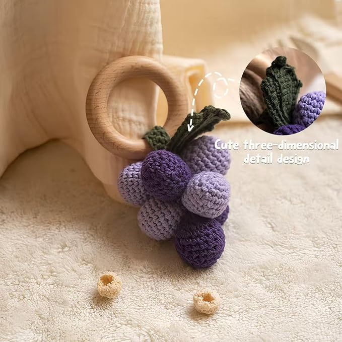 Wooden Baby Rattle Toys Stuffed Crochet Rattle with Teether Ring for Newborn Babies Fruit Wooden Teether Toy Infant Toddler Handcrafted Crochet Rattles Cute Shower Gifts for Boy and Girls