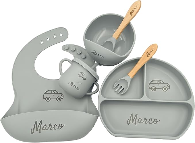 Personalized Name Food Grade 6pcs Baby Feeding Set with Spoon, Fork,Silicone Suction Bowls,Cup,Plate,and bib BPA Free - First Stage Self Feed (Color Gray Y18)