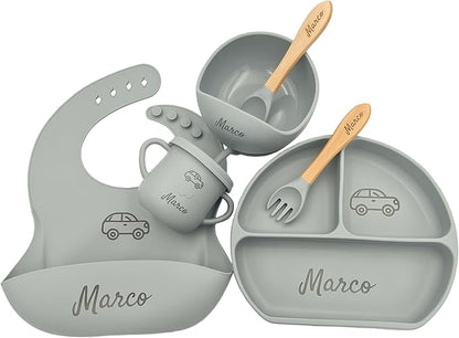Personalized Name Food Grade 6pcs Baby Feeding Set with Spoon, Fork,Silicone Suction Bowls,Cup,Plate,and bib BPA Free - First Stage Self Feed (Color Gray Y18)