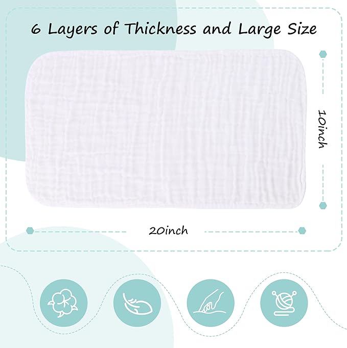HIPHOP PANDA 10 Pack 6-Layers Muslin Burp Cloths Large - Durable 100% Cotton - Extra Absorbent and Soft Boys & Girls Rags for Newborn Registry (White+Sakura Series, 20" X10")
