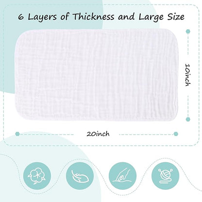 HIPHOP PANDA 10 Pack 6-Layers Muslin Burp Cloths Large - Durable 100% Cotton - Extra Absorbent and Soft Boys & Girls Rags for Newborn Registry (White+Sakura Series, 20" X10")