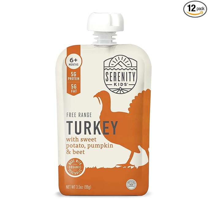 Serenity Kids 6+ Months Turkey Baby Food Pouches - No Added Sugar Pumpkin Puree - BPA-Free Baby Food Pouch for Toddler Snacks - 3.5 Oz, Pack of 12