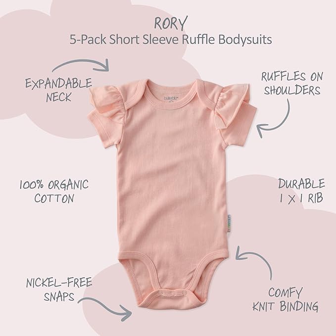 baby-girls Rory 5-pack Short Sleeve Ruffle Shoulder Bodysuits 100% Organic Cotton for Baby Girls