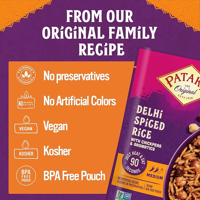 Patak’s Delhi Spiced Rice - Fragrant Basmati Rice w/Chickpeas, Onion & Tomato - Kosher, Vegan Microwavable Meal Ready in 90 Seconds - Ready To Eat Rice For Quick Lunch Or Dinner - 10.05oz (Pack of 6)