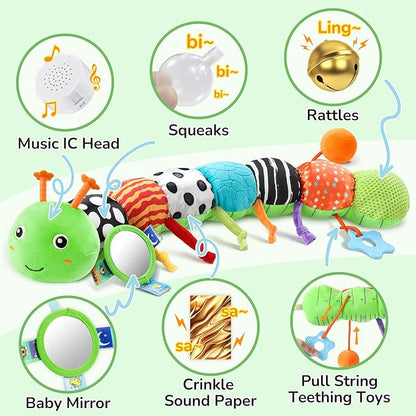 Baby Toys 6-12 Months Music Caterpillar Infant Toys Stuffed Animals 0-3-6 Months Tummy Time Teething Sensory Toys with Mirror Rattle&Pull String for Boys Girls Birthday Gifts|Green,Knot Limb