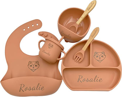 Personalized Name Food Grade 6pcs Baby Feeding Set with Spoon, Fork,Silicone Suction Bowls,Cup,Plate,and bib BPA Free - First Stage Self Feed (Color Modern Terracotta Y27)
