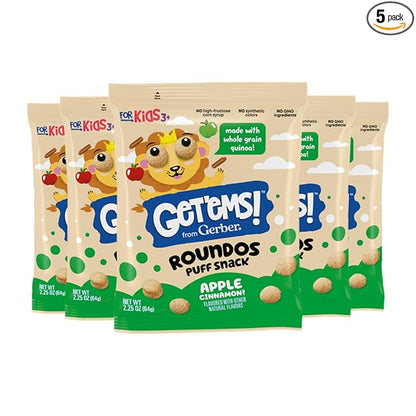 Get'ems! from Gerber, Snacks for Kids, Apple Cinnamon Roundos Puffs, Made with Whole Grain Quinoa, Calcium to Support Strong Bones - 5 pack
